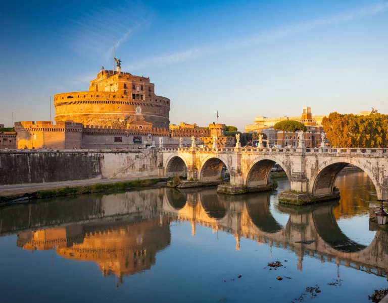 Holy Angel Castle at sunset, Rome, Italy, Europe. Rome ancient tomb of emperor Hadrian. Rome Holy Angel Castle (Castel sant'Angelo) is one fo the best known landmark of Rome and Italy.